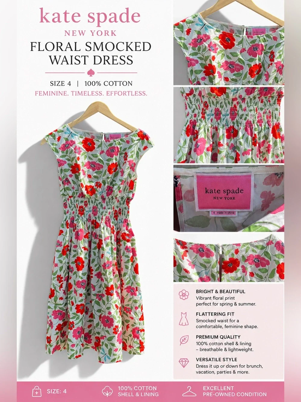 Kate Spade New York Floral Cotton Smocked Waist Dress Size 4